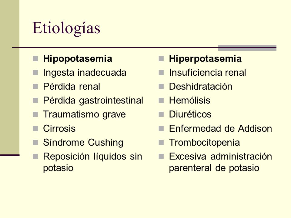 Etiologías Hipopotasemia Ingesta inadecuada Pérdida renal