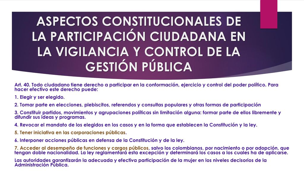 ASPECTOS CONSTITUCIONALES DE LA PARTICIPACIÓN CIUDADANA EN LA VIGILANCIA Y CONTROL DE LA GESTIÓN PÚBLICA