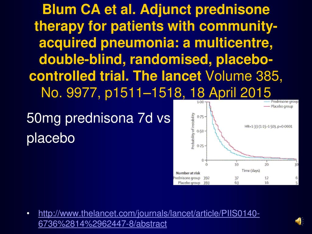 Blum CA et al. Adjunct prednisone therapy for patients with community-acquired pneumonia: a multicentre, double-blind, randomised, placebo-controlled trial. The lancet Volume 385, No. 9977, p1511–1518, 18 April 2015