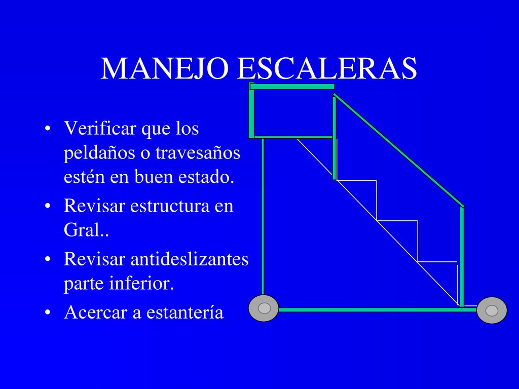MANEJO ESCALERAS Verificar que los peldaños o travesaños estén en buen estado. Revisar estructura en Gral..