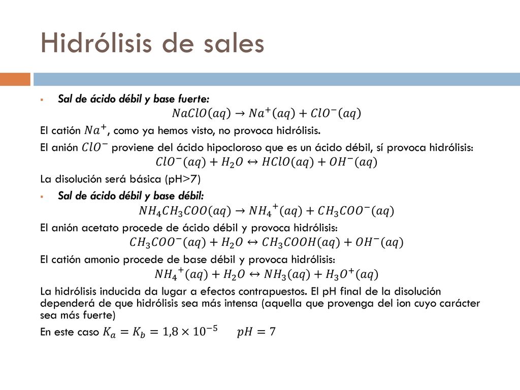Hidrólisis de sales Sal de ácido débil y base fuerte: