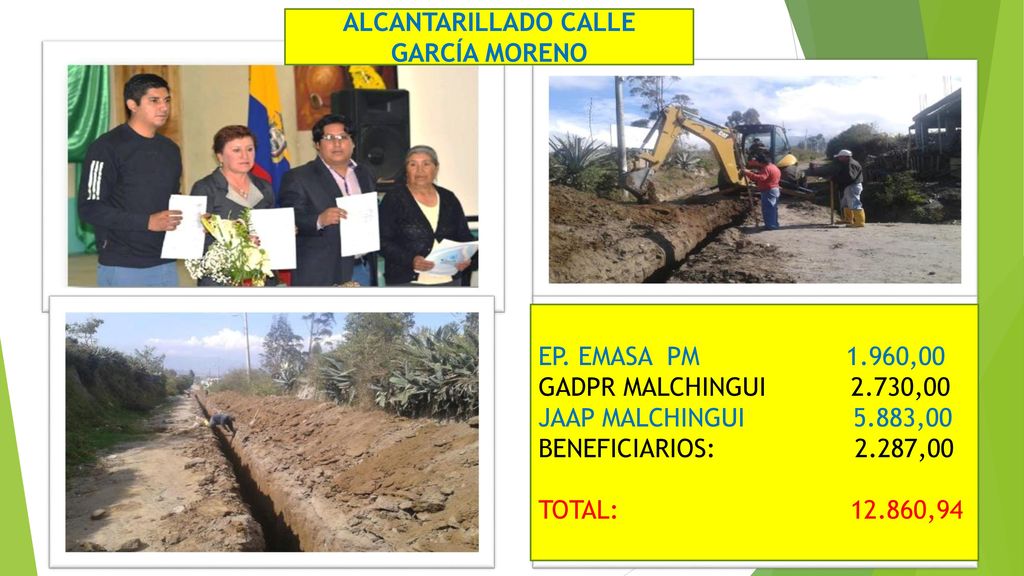 ALCANTARILLADO CALLE GARCÍA MORENO. EP. EMASA PM 1.960,00. GADPR MALCHINGUI 2.730,00.