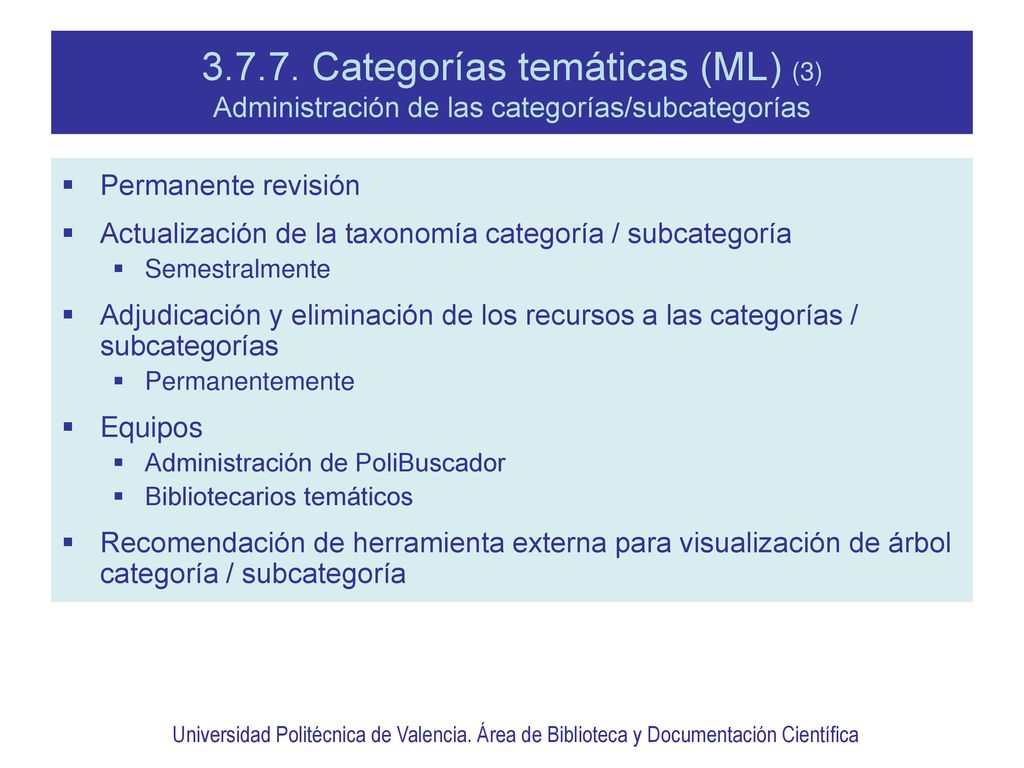 Categorías temáticas (ML) (3) Administración de las categorías/subcategorías
