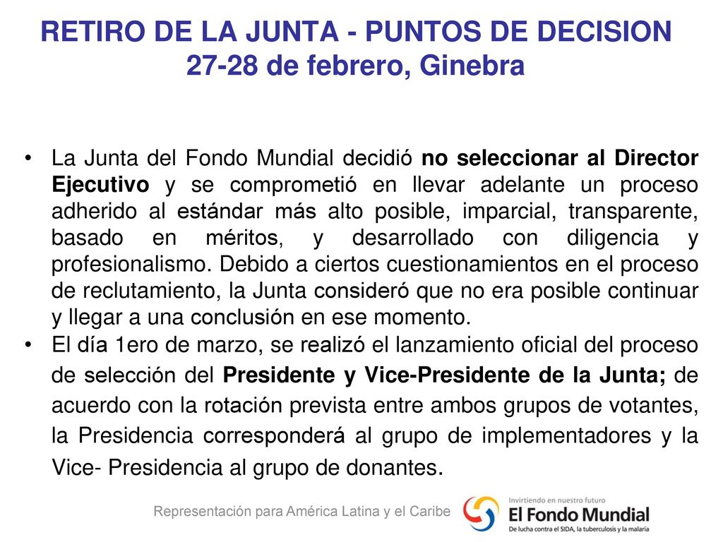 RETIRO DE LA JUNTA - PUNTOS DE DECISION de febrero, Ginebra