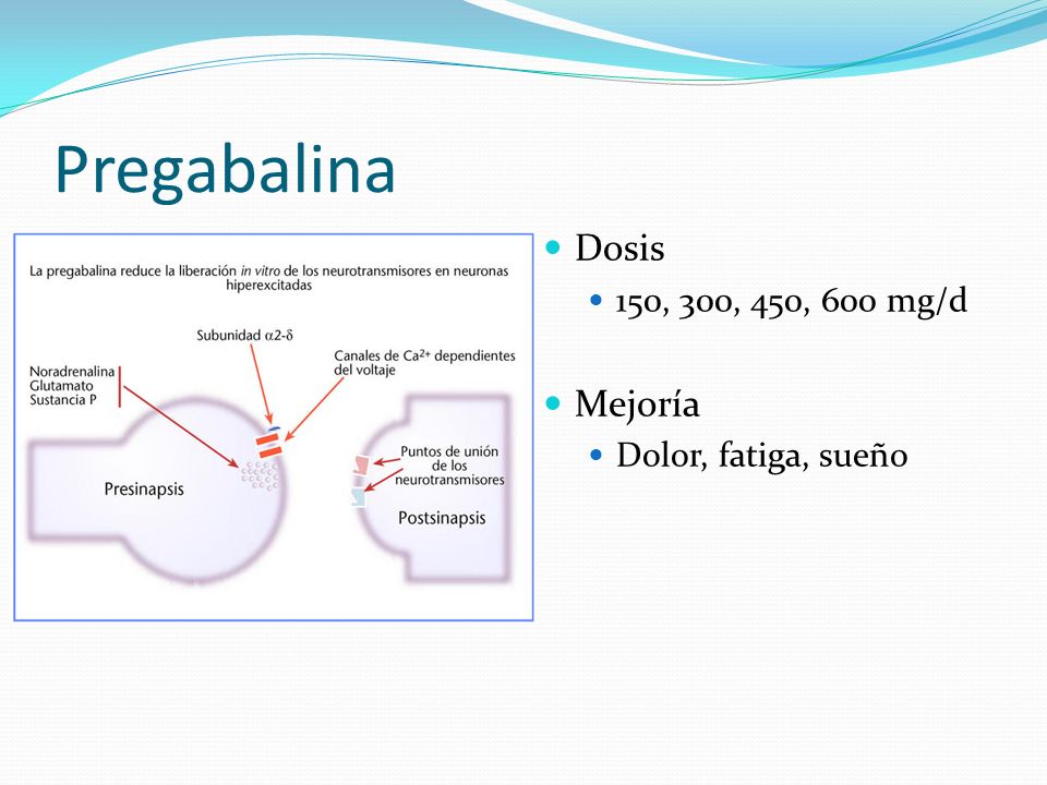 Pregabalina Dosis 150, 300, 450, 600 mg/d Mejoría Dolor, fatiga, sueño