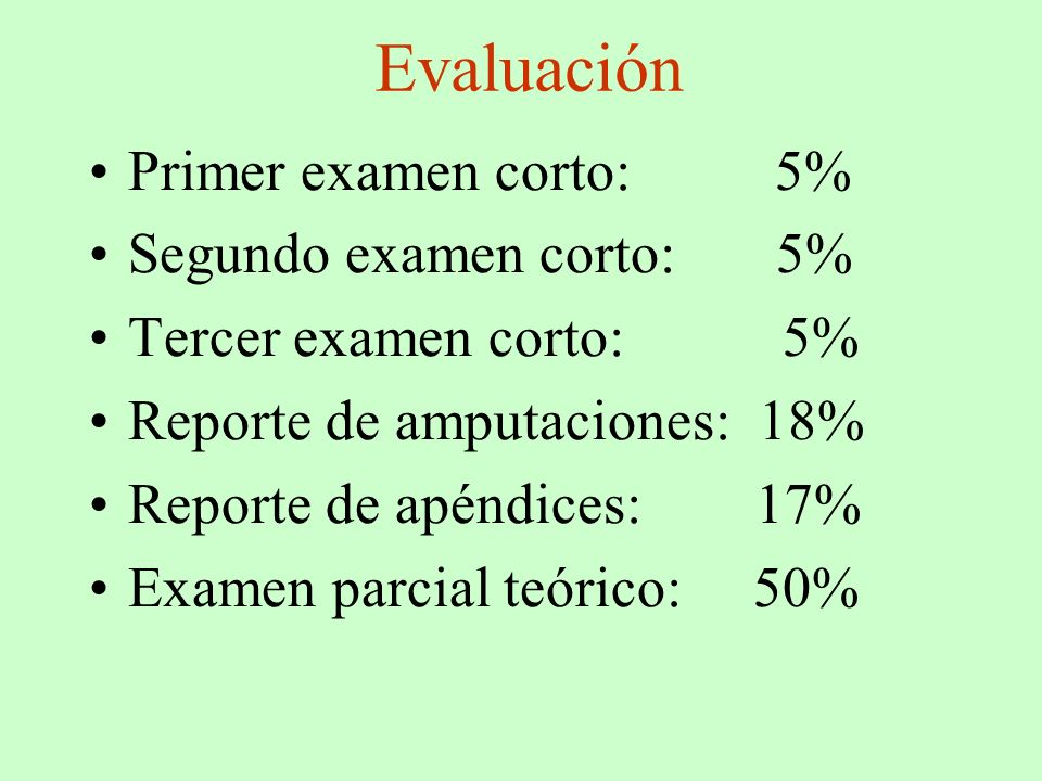 Evaluación Primer examen corto: 5% Segundo examen corto: 5%