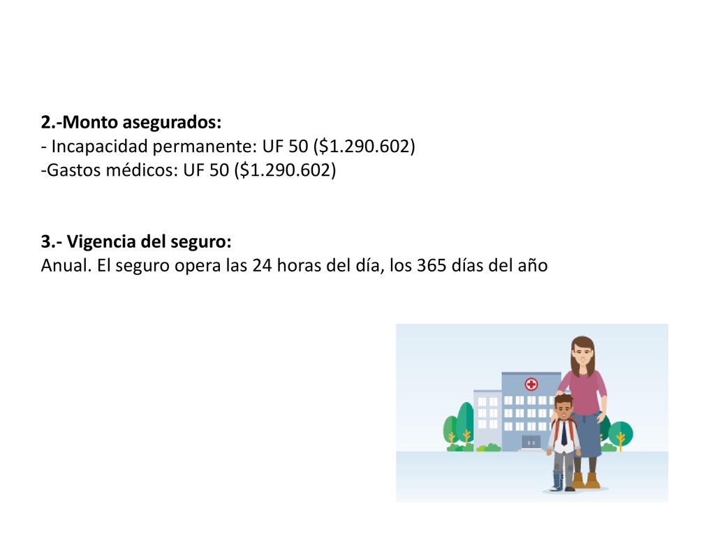2.-Monto asegurados: - Incapacidad permanente: UF 50 ($ ) Gastos médicos: UF 50 ($ )