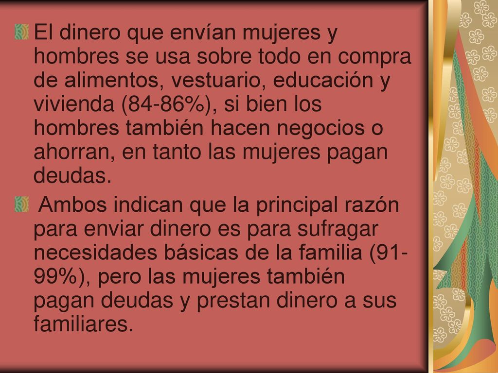 El dinero que envían mujeres y hombres se usa sobre todo en compra de alimentos, vestuario, educación y vivienda (84-86%), si bien los hombres también hacen negocios o ahorran, en tanto las mujeres pagan deudas.