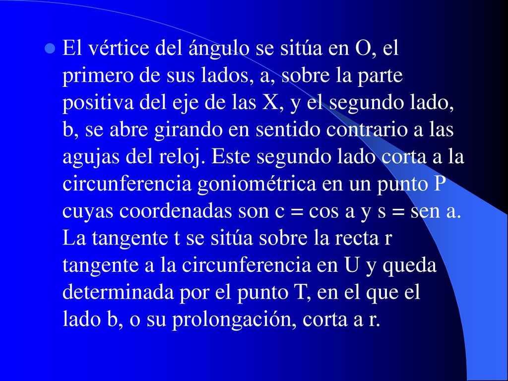 El vértice del ángulo se sitúa en O, el primero de sus lados, a, sobre la parte positiva del eje de las X, y el segundo lado, b, se abre girando en sentido contrario a las agujas del reloj.