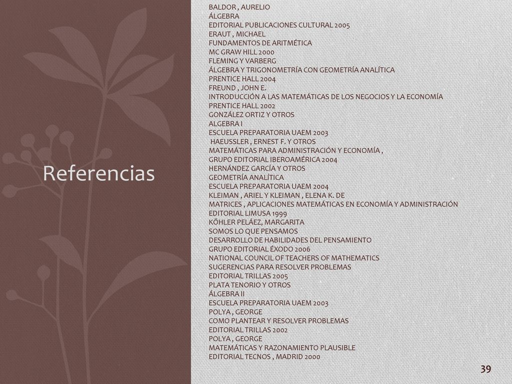 Baldor , Aurelio Álgebra Editorial Publicaciones Cultural 2005 Eraut , Michael Fundamentos de aritmética Mc Graw Hill 2000 Fleming y Varberg Álgebra y trigonometría con geometría analítica Prentice Hall 2004 Freund , John E. Introducción a las matemáticas de los negocios y la economía Prentice Hall 2002 González Ortiz y otros Algebra I Escuela Preparatoria UAEM 2003 Haeussler , Ernest F. y otros Matemáticas para administración y economía , Grupo Editorial Iberoamérica 2004 Hernández García y otros Geometría analítica Escuela Preparatoria UAEM 2004 Kleiman , Ariel y Kleiman , Elena K. de Matrices , Aplicaciones Matemáticas en Economía y Administración Editorial Limusa 1999 Köhler Peláez, Margarita Somos lo que pensamos Desarrollo de habilidades del pensamiento Grupo Editorial Éxodo 2006 National council of teachers of mathematics Sugerencias para resolver problemas Editorial Trillas 2005 Plata Tenorio y otros Álgebra II Escuela Preparatoria UAEM 2003 Polya , George Como plantear y resolver problemas Editorial Trillas 2002 Polya , George Matemáticas y razonamiento plausible Editorial Tecnos , Madrid 2000