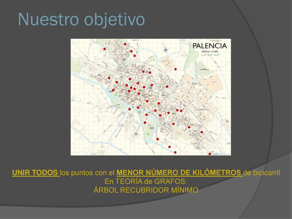 Nuestro objetivo UNIR TODOS los puntos con el MENOR NÚMERO DE KILÓMETROS de bicicarril. En TEORÍA de GRAFOS: