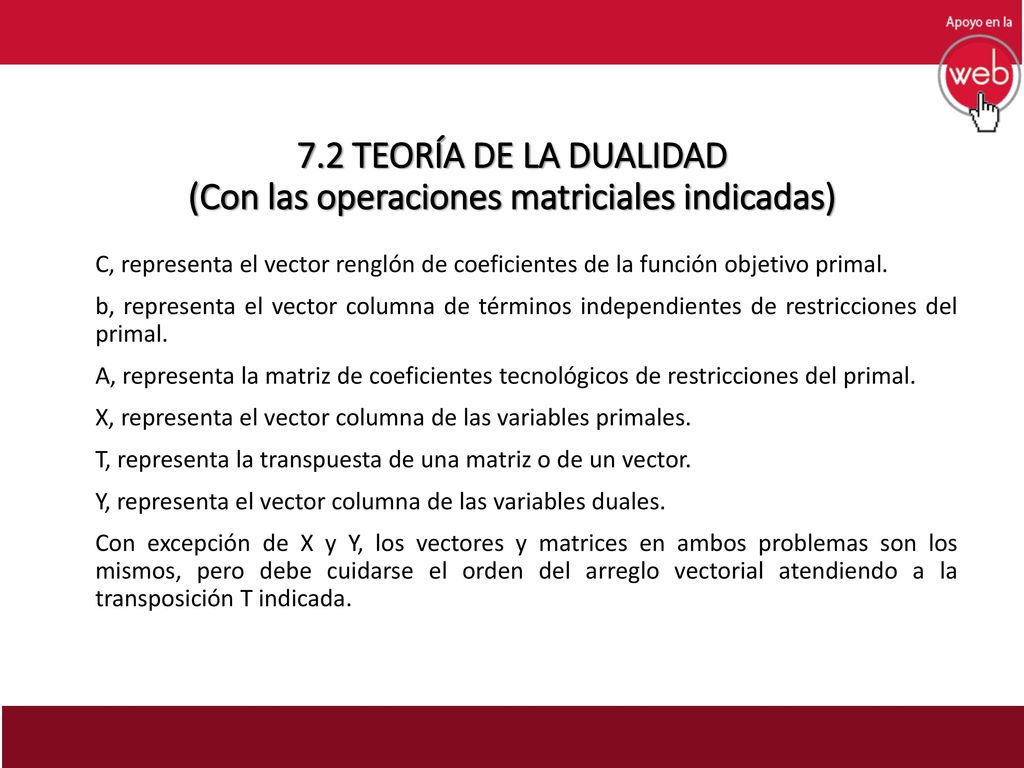7.2 TEORÍA DE LA DUALIDAD (Con las operaciones matriciales indicadas)