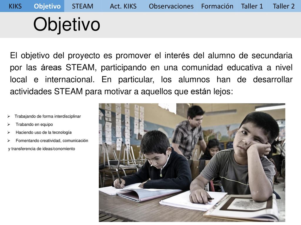 KIKS Objetivo. STEAM. Act. KIKS. Observaciones. Formación. Taller 1. Taller 2. Objetivo.