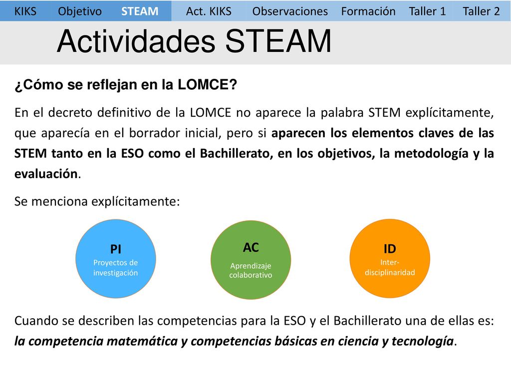 KIKS Objetivo. STEAM. Act. KIKS. Observaciones. Formación. Taller 1. Taller 2. Actividades STEAM.