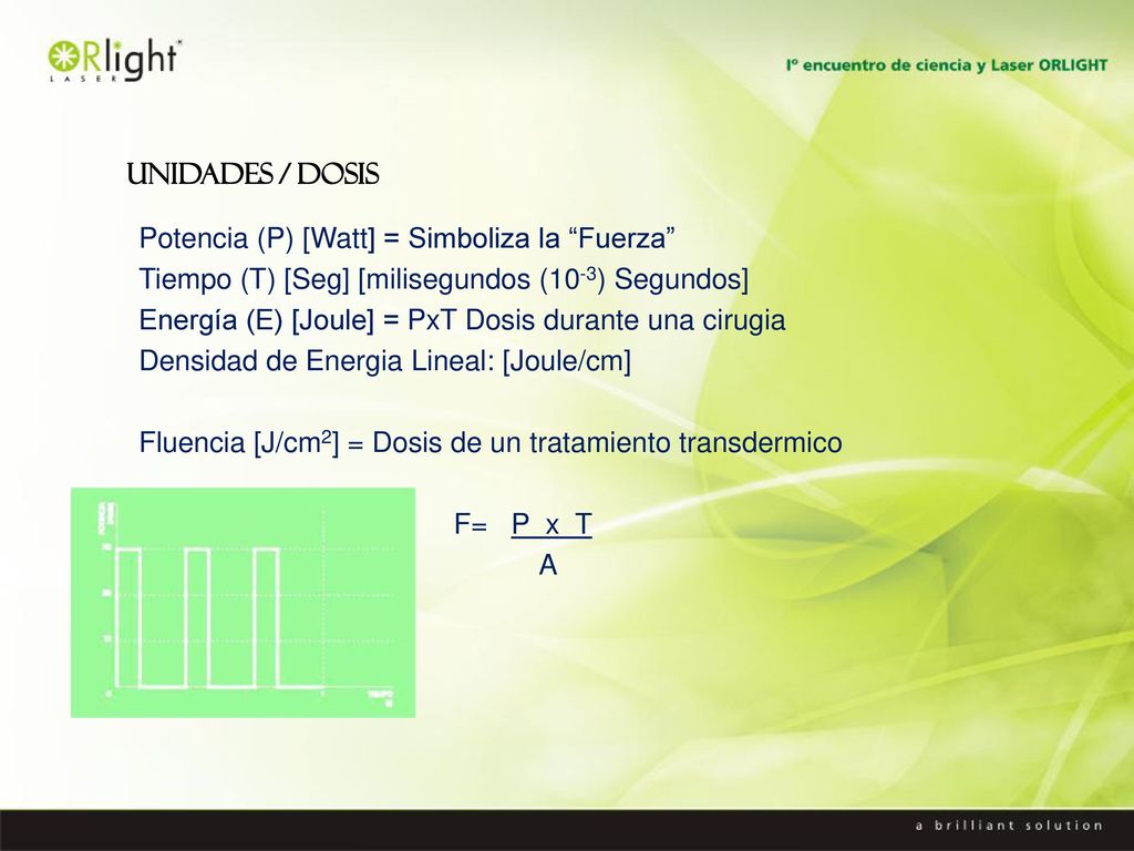 UNIDADES / DOSIS Potencia (P) [Watt] = Simboliza la Fuerza Tiempo (T) [Seg] [milisegundos (10-3) Segundos]