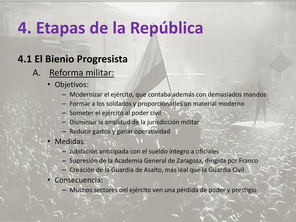 4. Etapas de la República 4.1 El Bienio Progresista Reforma militar: