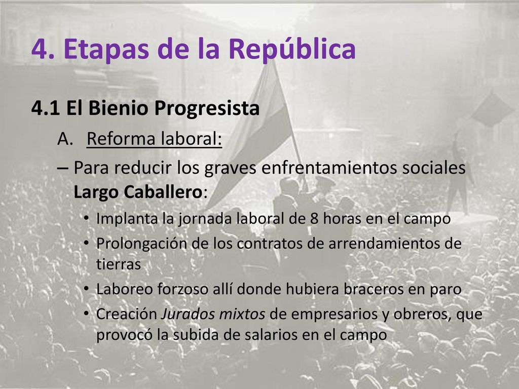4. Etapas de la República 4.1 El Bienio Progresista Reforma laboral: