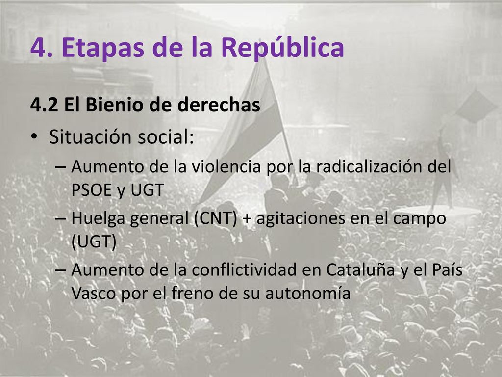 4. Etapas de la República 4.2 El Bienio de derechas Situación social: