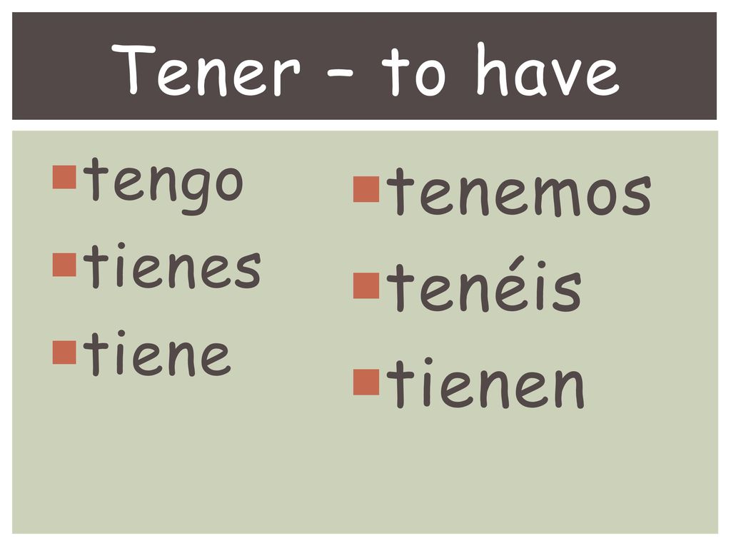 Tener – to have tengo tienes tiene tenemos tenéis tienen