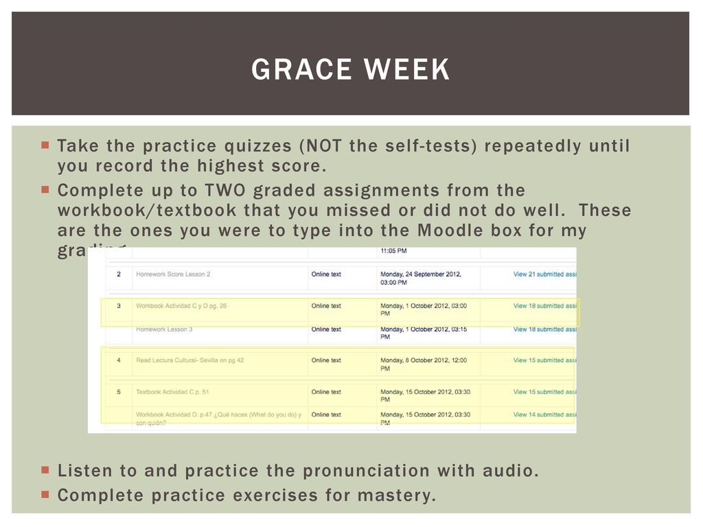 Grace Week Take the practice quizzes (NOT the self-tests) repeatedly until you record the highest score.