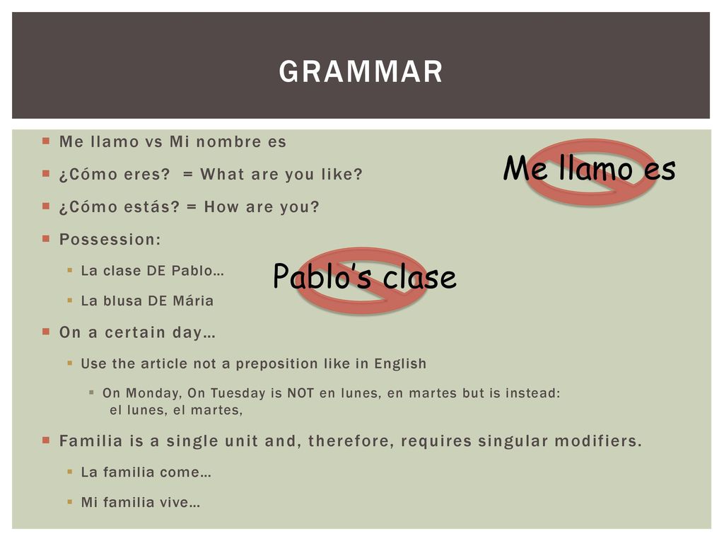 GRAMMAR Me llamo es Pablo’s clase Me llamo vs Mi nombre es