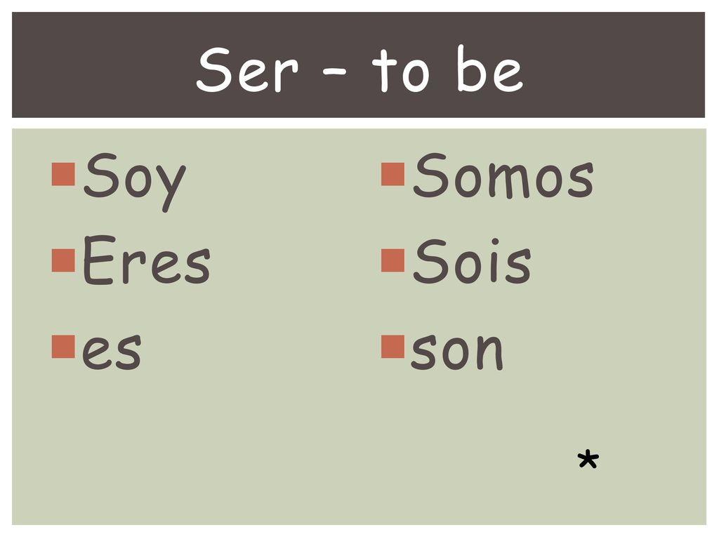 Ser – to be Soy Eres es Somos Sois son *