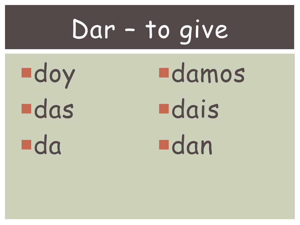 Dar – to give doy das da damos dais dan