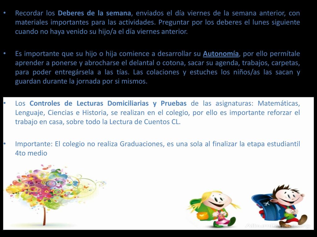 Recordar los Deberes de la semana, enviados el día viernes de la semana anterior, con materiales importantes para las actividades. Preguntar por los deberes el lunes siguiente cuando no haya venido su hijo/a el día viernes anterior.