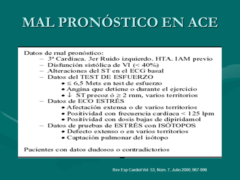 MAL PRONÓSTICO EN ACE Rev Esp Cardiol Vol. 53, Núm. 7, Julio 2000;