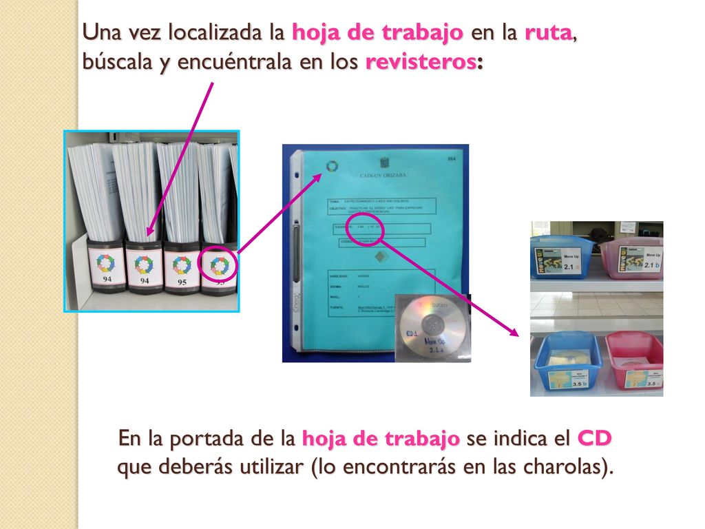 Una vez localizada la hoja de trabajo en la ruta, búscala y encuéntrala en los revisteros: