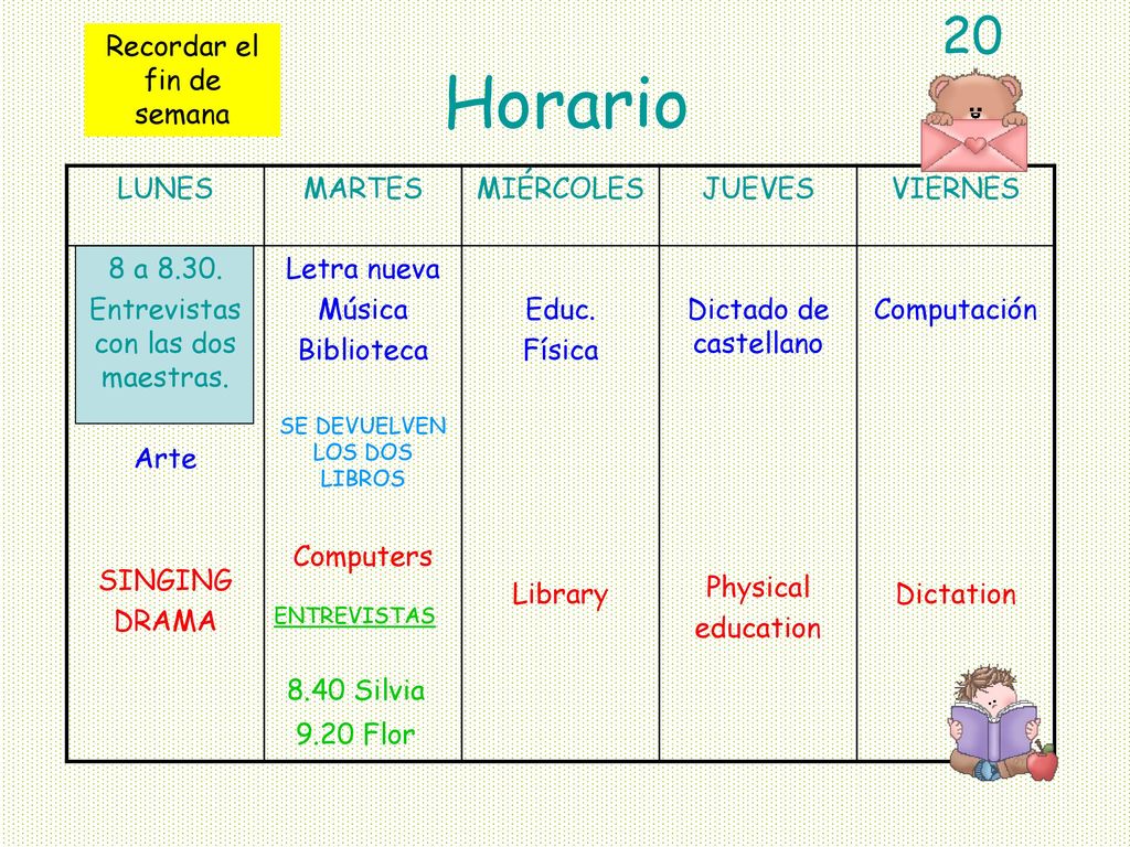 Horario 20 Recordar el fin de semana LUNES MARTES MIÉRCOLES JUEVES