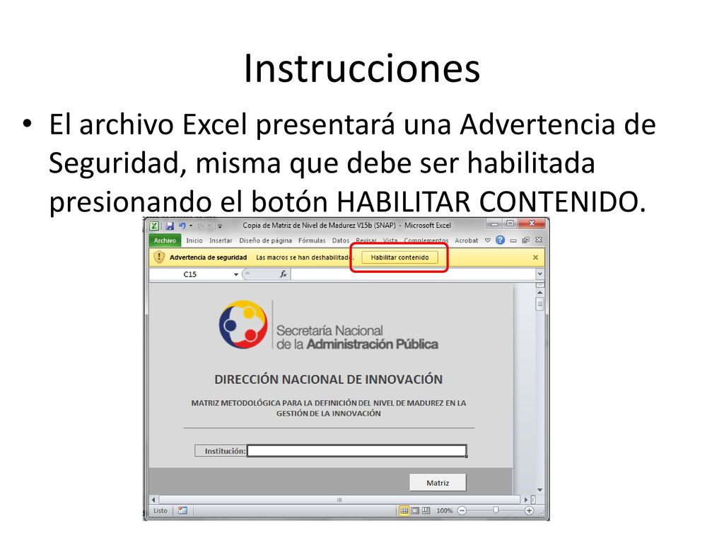 Instrucciones El archivo Excel presentará una Advertencia de Seguridad, misma que debe ser habilitada presionando el botón HABILITAR CONTENIDO.