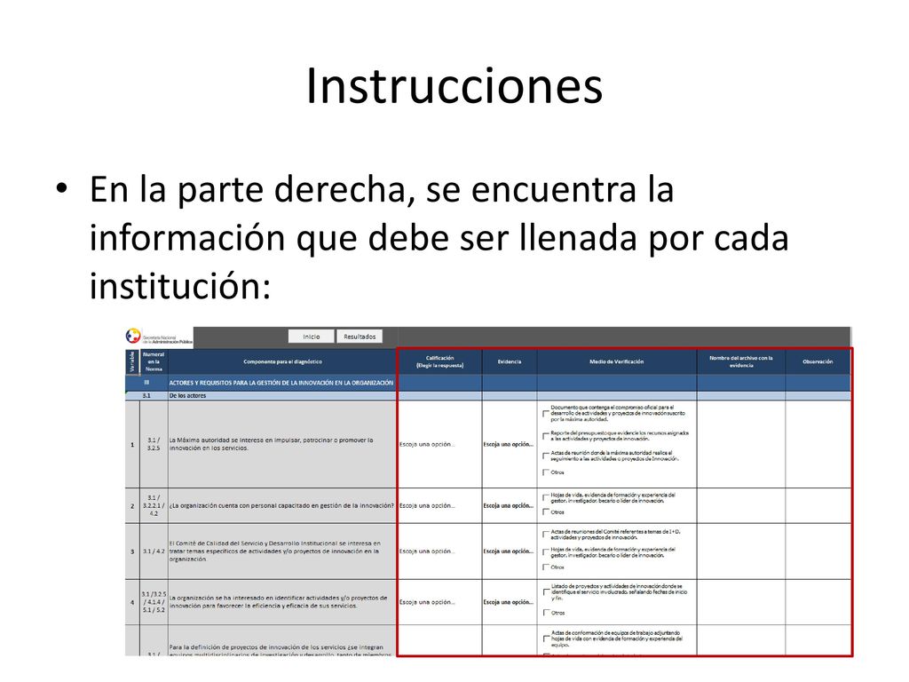 Instrucciones En la parte derecha, se encuentra la información que debe ser llenada por cada institución: