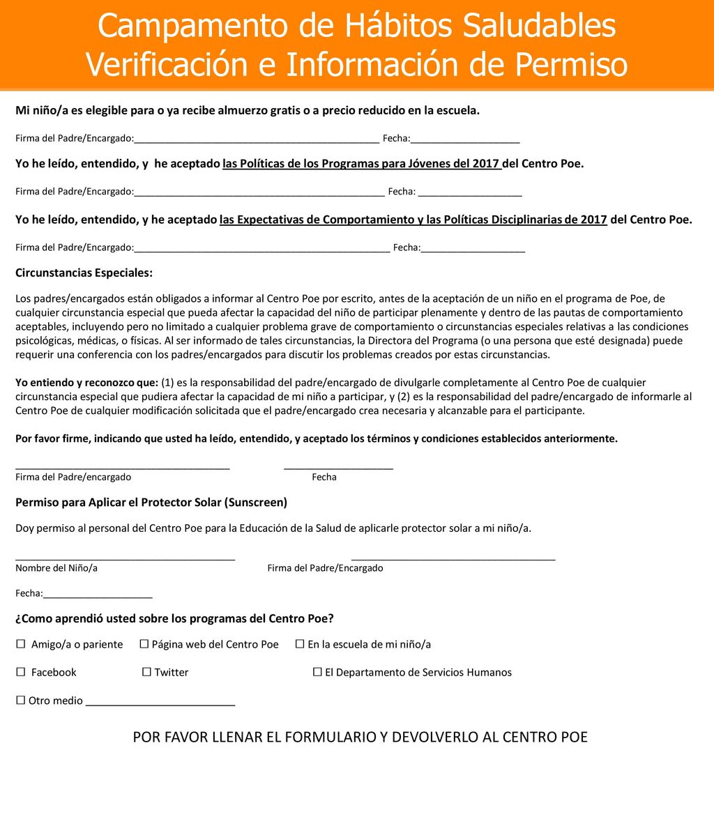 Campamento de Hábitos Saludables Verificación e Información de Permiso