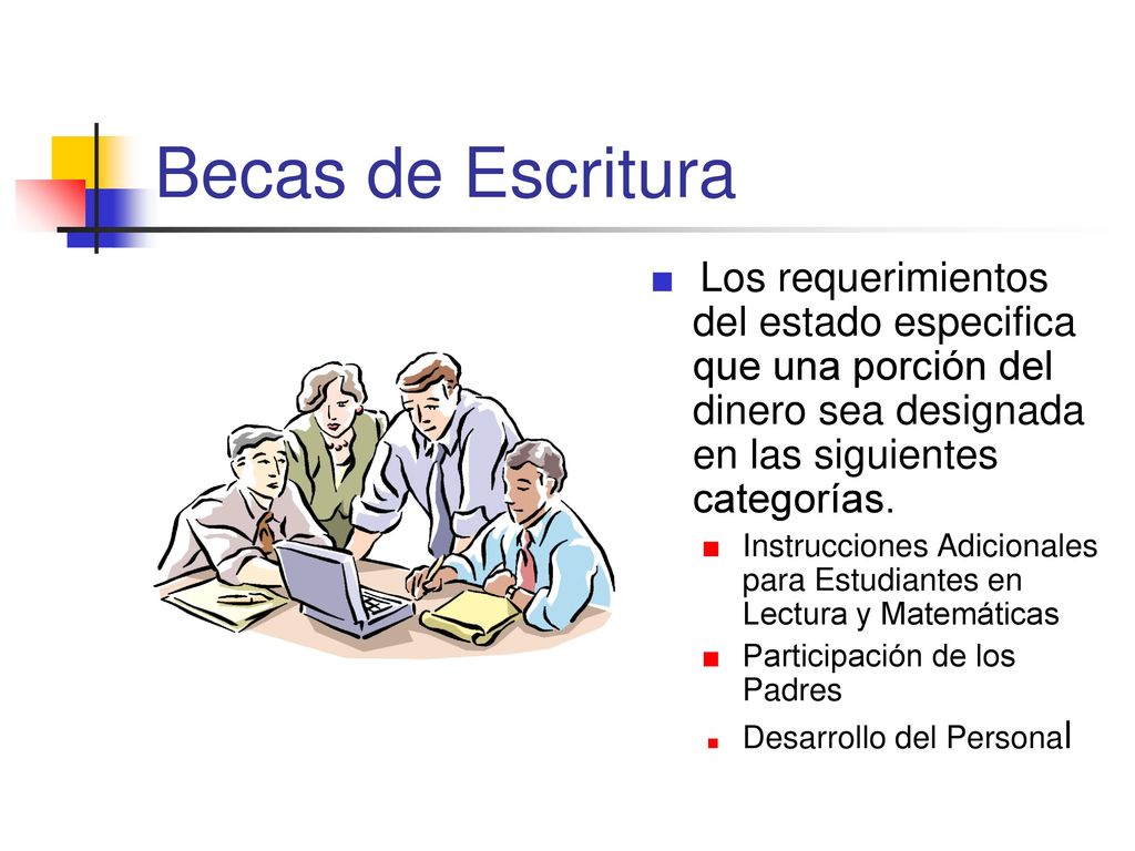 Becas de Escritura Los requerimientos del estado especifica que una porción del dinero sea designada en las siguientes categorías.