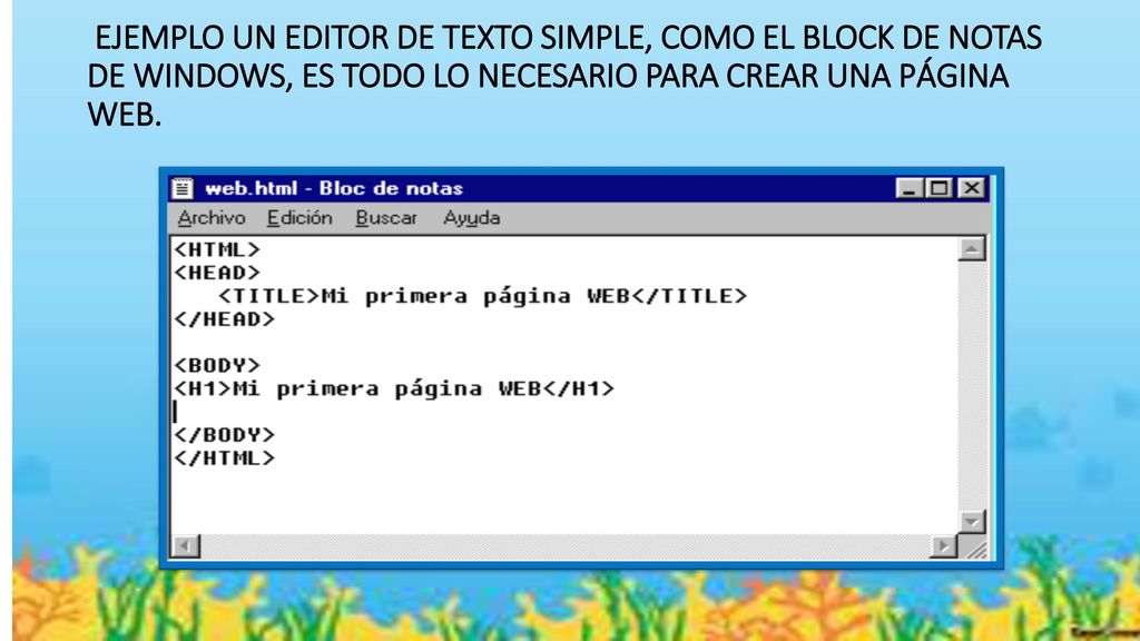 EJEMPLO UN EDITOR DE TEXTO SIMPLE, COMO EL BLOCK DE NOTAS DE WINDOWS, ES TODO LO NECESARIO PARA CREAR UNA PÁGINA WEB.