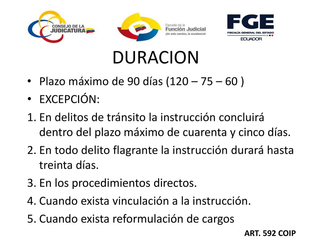 DURACION Plazo máximo de 90 días (120 – 75 – 60 ) EXCEPCIÓN: