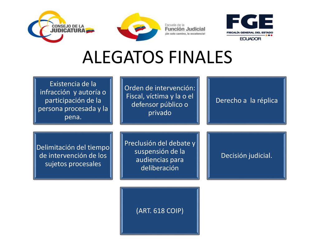 ALEGATOS FINALES Existencia de la infracción y autoría o participación de la persona procesada y la pena.
