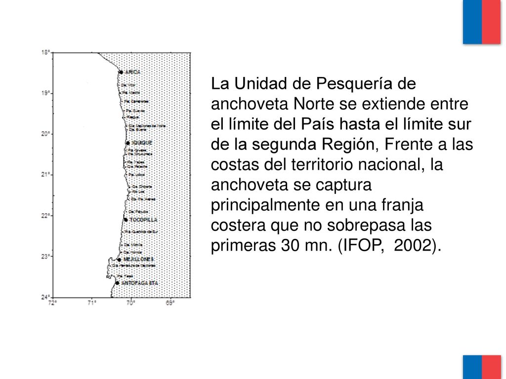 La Unidad de Pesquería de anchoveta Norte se extiende entre el límite del País hasta el límite sur de la segunda Región, Frente a las costas del territorio nacional, la anchoveta se captura principalmente en una franja costera que no sobrepasa las primeras 30 mn.