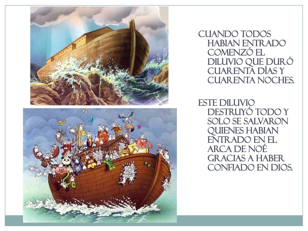 Cuando TODOS HABIAN entrado comenzó el diluvio que duró cuarenta días y cuarenta noches.