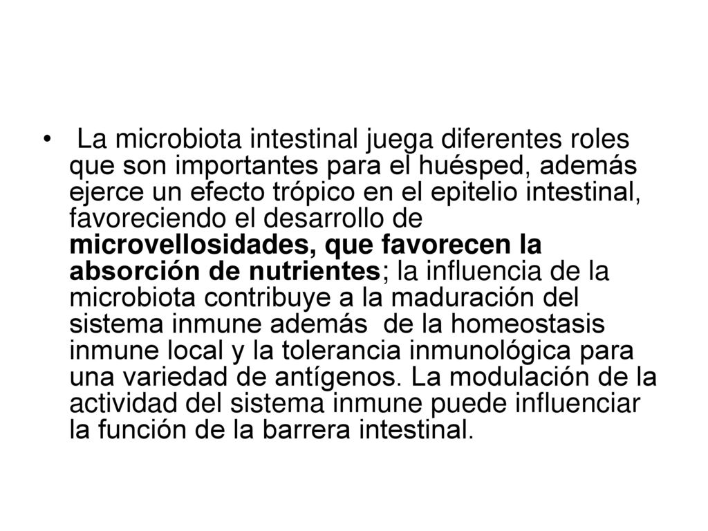La microbiota intestinal juega diferentes roles que son importantes para el huésped, además ejerce un efecto trópico en el epitelio intestinal, favoreciendo el desarrollo de microvellosidades, que favorecen la absorción de nutrientes; la influencia de la microbiota contribuye a la maduración del sistema inmune además de la homeostasis inmune local y la tolerancia inmunológica para una variedad de antígenos.