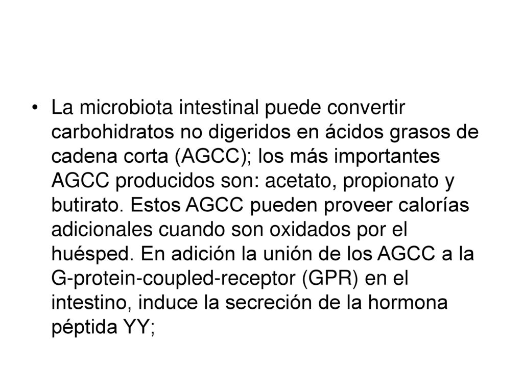 La microbiota intestinal puede convertir carbohidratos no digeridos en ácidos grasos de cadena corta (AGCC); los más importantes AGCC producidos son: acetato, propionato y butirato.