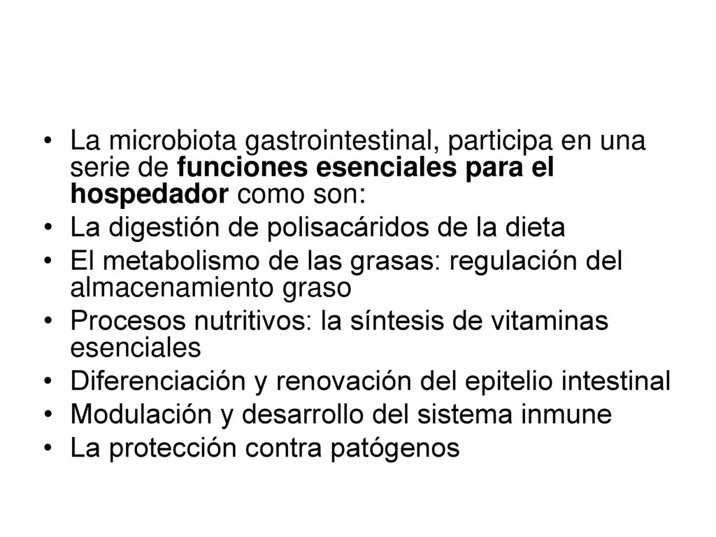 La microbiota gastrointestinal, participa en una serie de funciones esenciales para el hospedador como son: