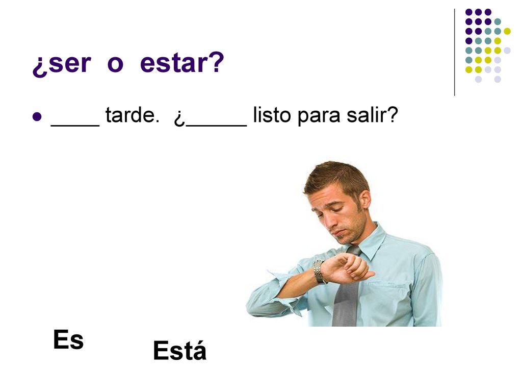 ¿ser o estar ____ tarde. ¿_____ listo para salir Está Es