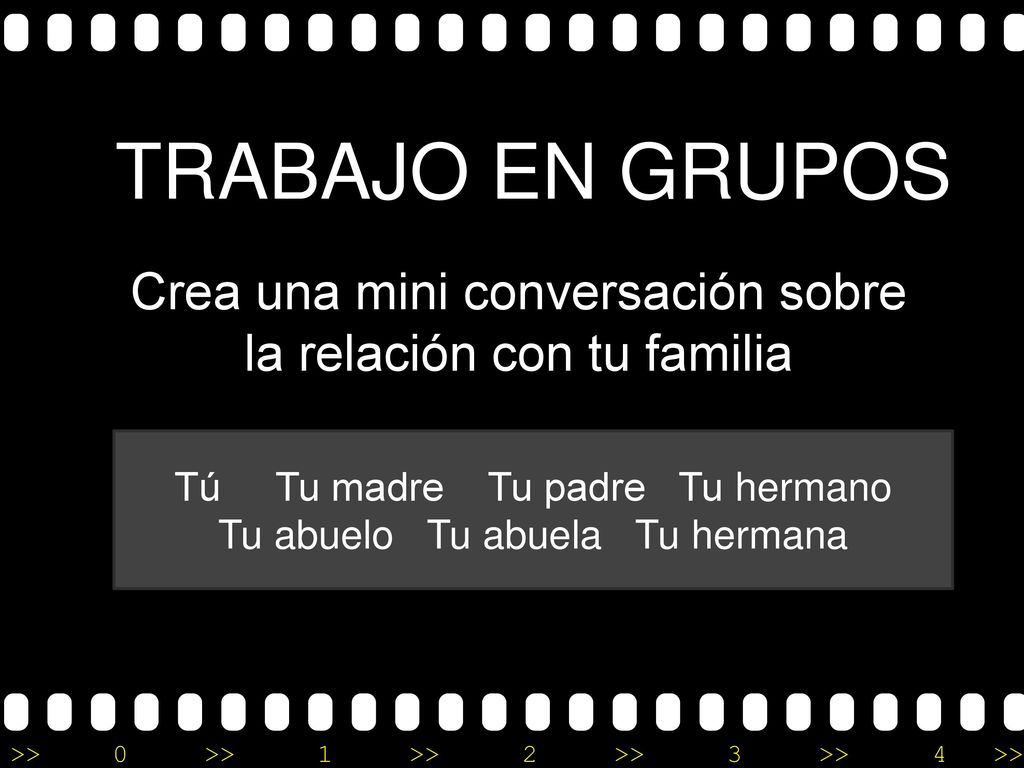 TRABAJO EN GRUPOS Crea una mini conversación sobre la relación con tu familia. Tú Tu madre Tu padre Tu hermano.