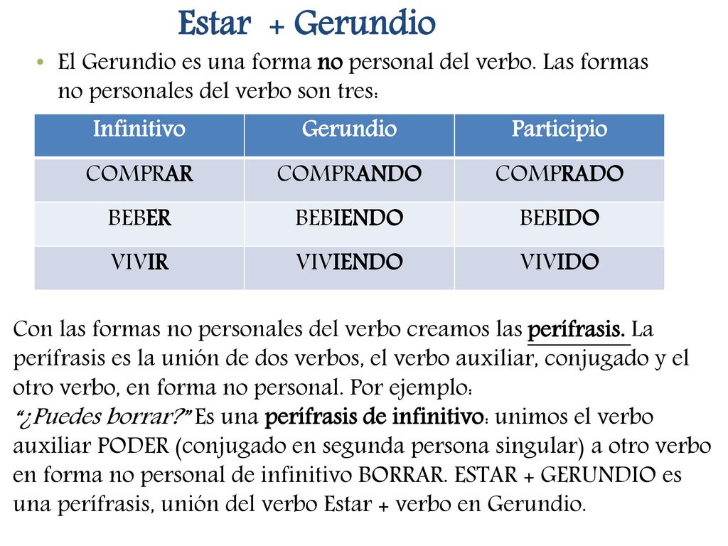 Estar + Gerundio El Gerundio es una forma no personal del verbo. Las formas no personales del verbo son tres: