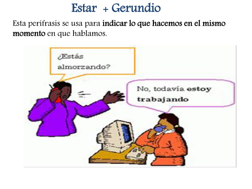 Estar + Gerundio Esta perífrasis se usa para indicar lo que hacemos en el mismo momento en que hablamos.