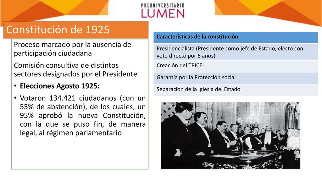 Constitución de 1925 Características de la constitución. Presidencialista (Presidente como jefe de Estado, electo con voto directo por 6 años)