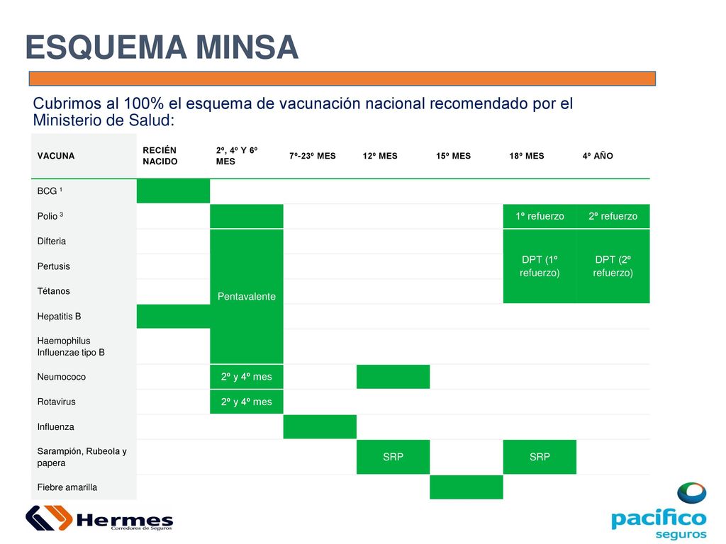 ESQUEMA MINSA Cubrimos al 100% el esquema de vacunación nacional recomendado por el Ministerio de Salud: