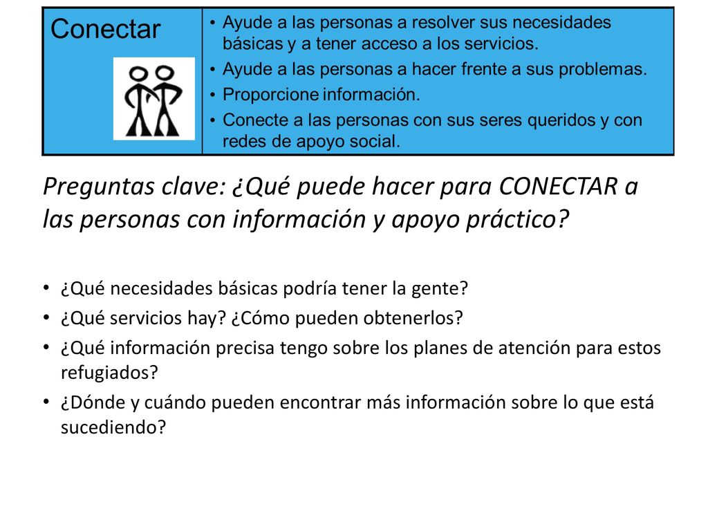 Preguntas clave: ¿Qué puede hacer para CONECTAR a las personas con información y apoyo práctico
